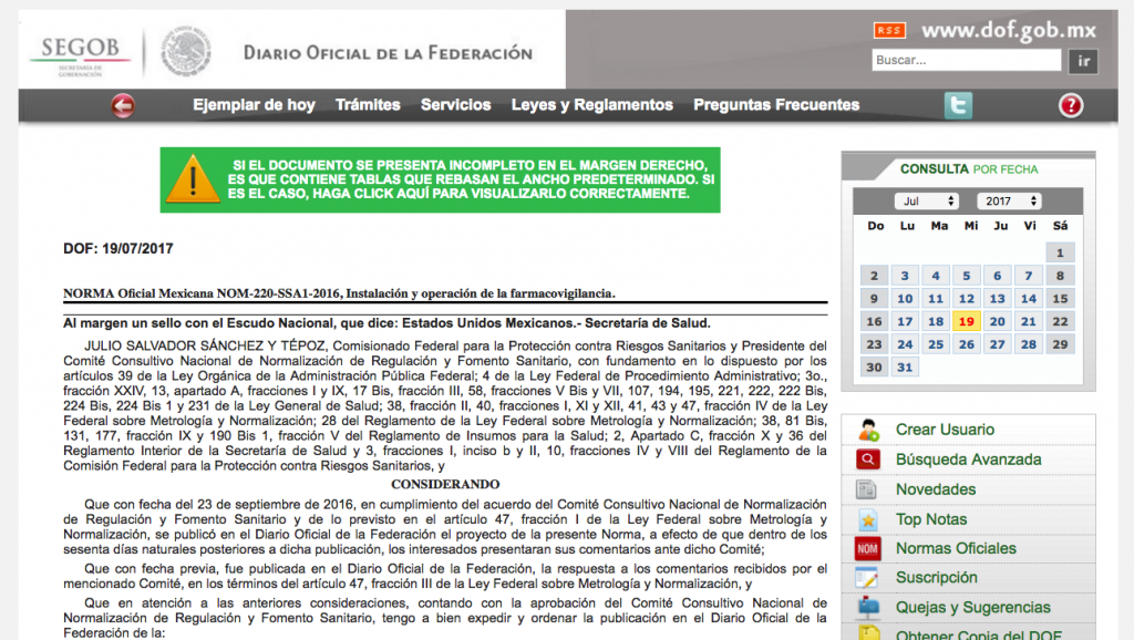 Se publicó en el Diario Oficial de la Federación la nueva NOM 220 de la SSA sobre farmacovigilancia.